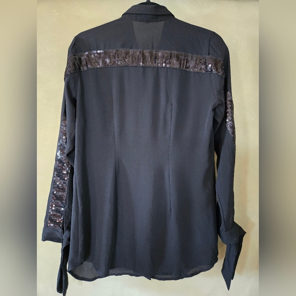 Vlt's By Valentina | Black Button-Up Shirt with Sequin Detail, Size S - Picture 3 of 6